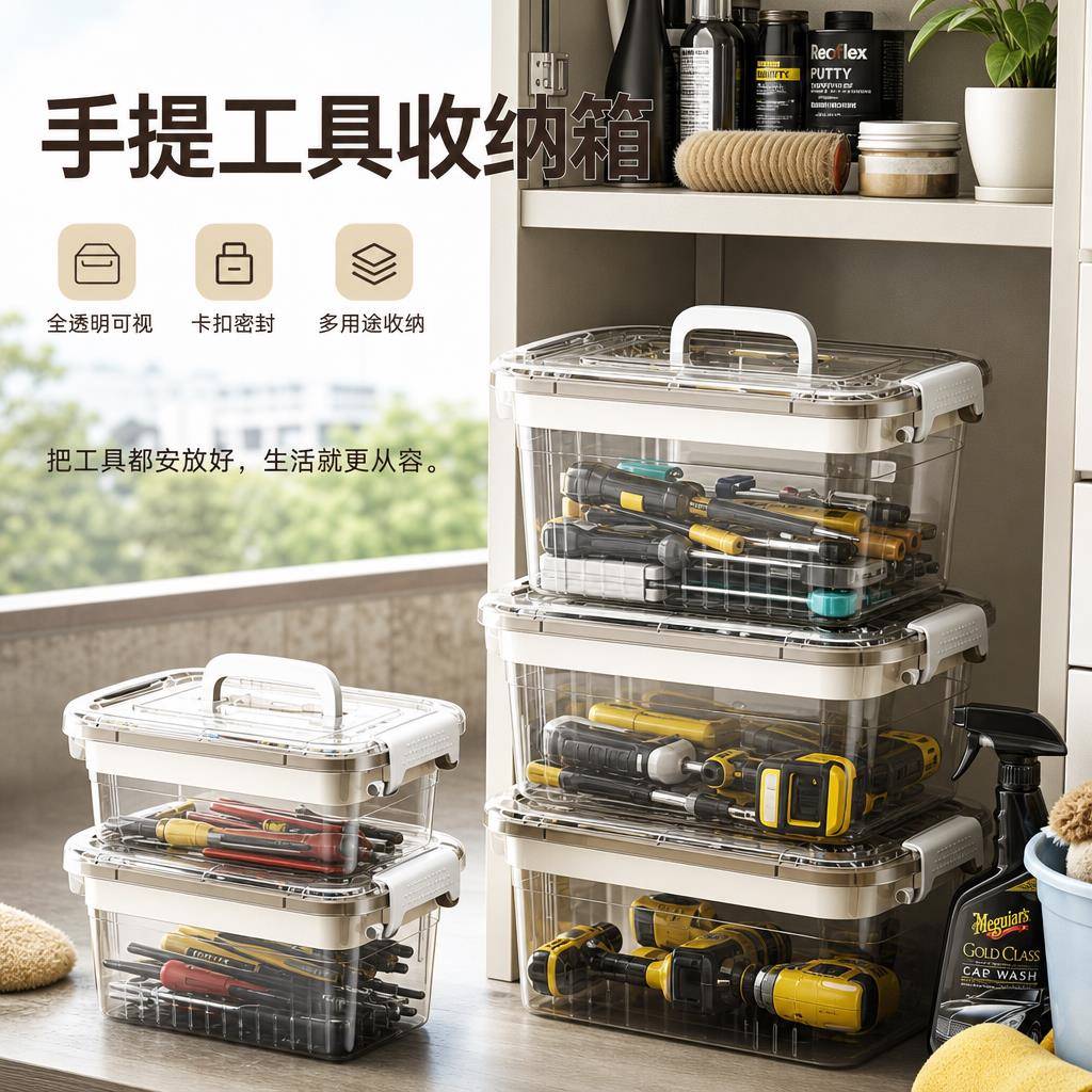 工具箱家用透明收纳盒多功能手提式零件杂物整理盒双层五金收纳箱