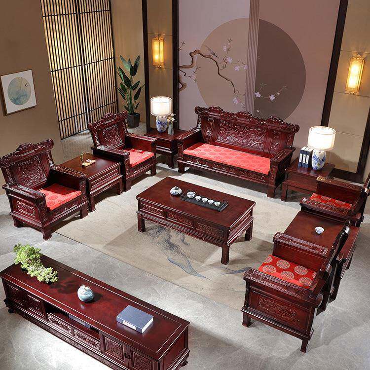 红椿木雕刻沙发全实木沙发茶几电视柜组合中式客厅家用仿古农村