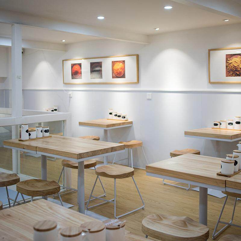 网红店现代简约实木餐桌奶茶店桌椅甜品店白色桌椅餐厅原木桌子