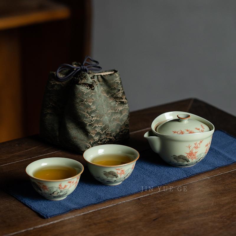 秘黄汝窑一壶两杯快客旅行茶具花鸟图懒人户外茶具便携茶具不烫手
