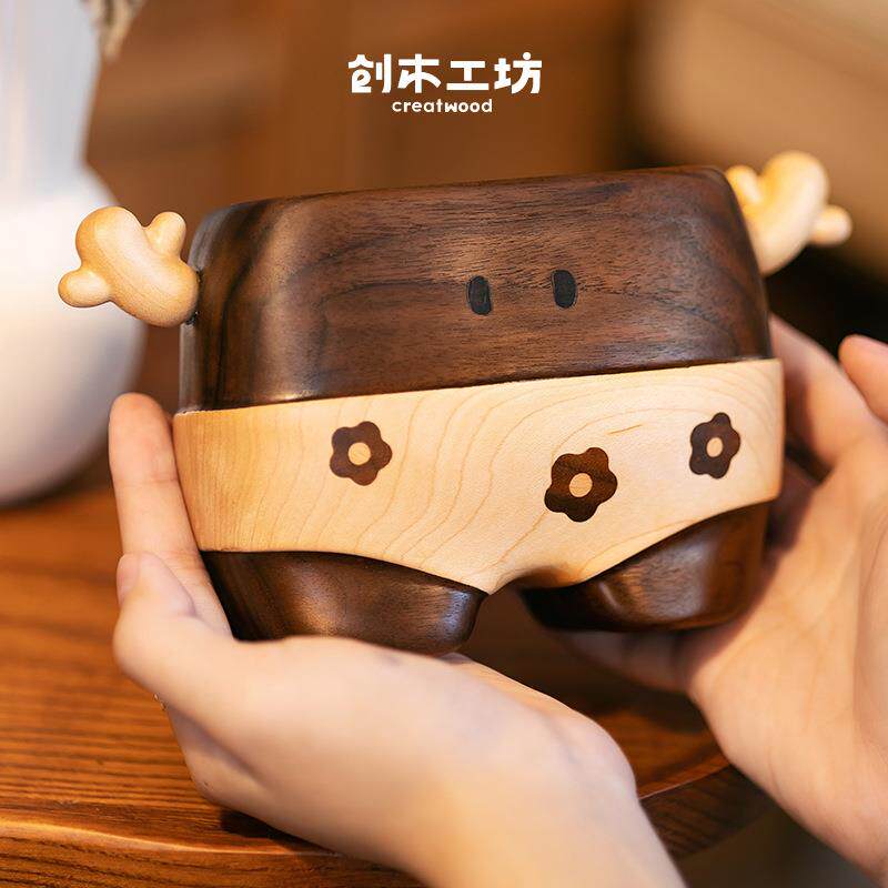 小花裤衩儿笔筒/胡桃木桌面多功能收纳整理化妆刷画笔收纳摆件