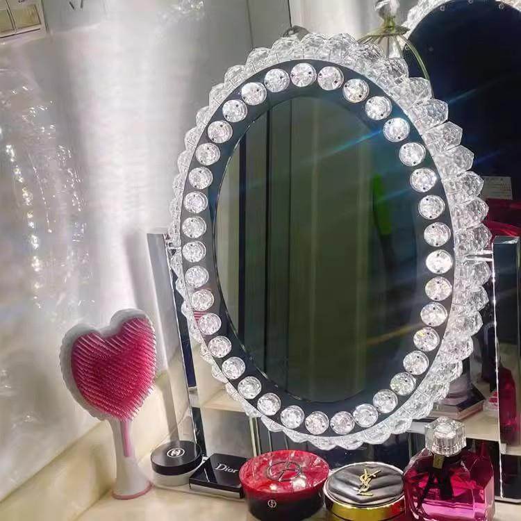 轻奢水晶带灯梳妆台化妆镜台式桌面led智能补光网红镜子灯