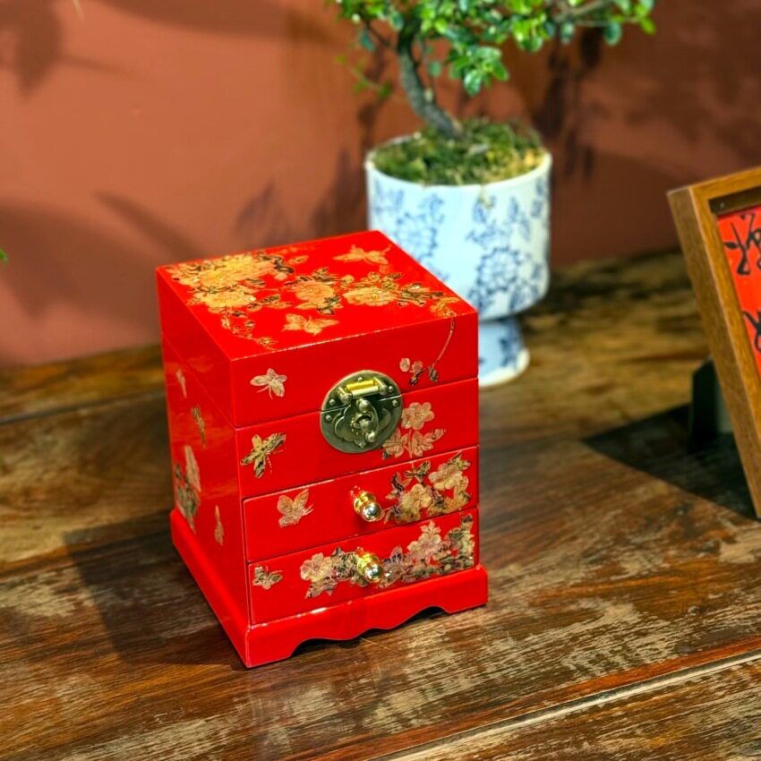 贝壳螺钿漆器饰品盒镶贝比翼双飞实木漆盒新娘结婚珠宝首饰收纳盒