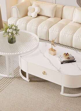 Tal玻璃茶几客厅家用法式奶油风椭圆形2025款高档可移动白色极简