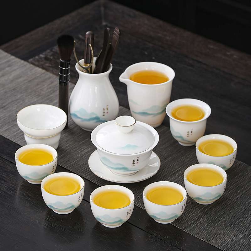 晟翔陶瓷茶具套装羊脂玉一览众山小盖碗主人杯11件 加六君子