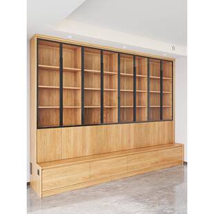 带卡座的书柜现代大型实木整面墙书柜拱形玻璃门黑胡桃书架满墙