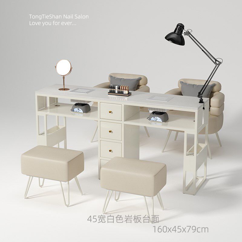 童铁山45宽美甲桌岩板大台面修甲台奶油风简约美甲店专用桌椅套装