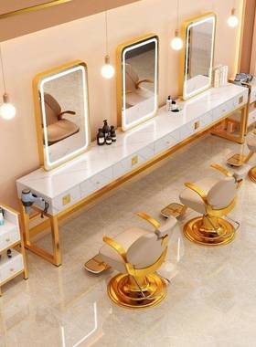 仿CMP理石网简红美店镜台双面廊专用剪发镜子发约带灯理发发烫染