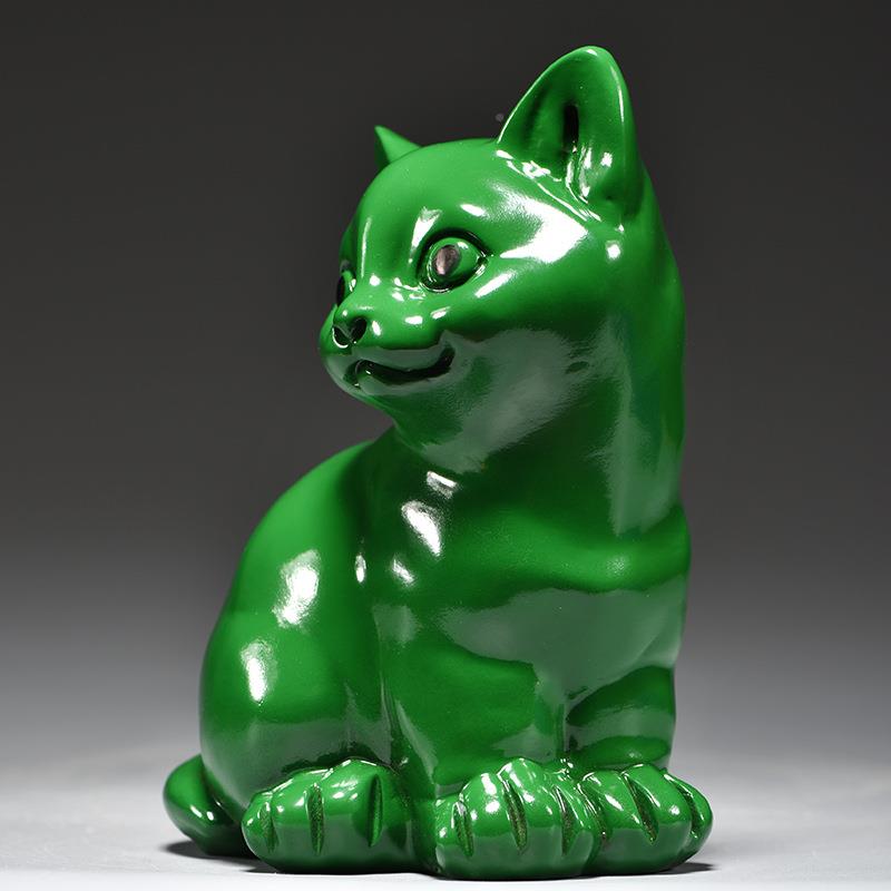绿色实木质猫咪艺居雕刻摆动物木LDS01085件头小猫家客厅房屋补角