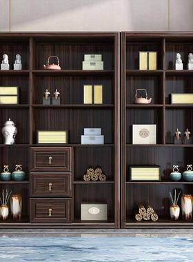 7402/740中新式简乌金木全架实木家用书柜组合落地约书橱带书玻璃