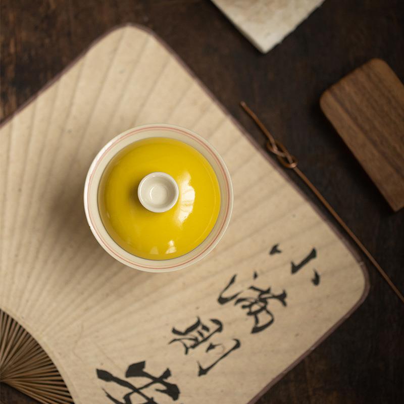 泡mjtc柠檬黄陶盖碗手绘双线仿古主完家用茶泥室黄色瓷泡茶碗