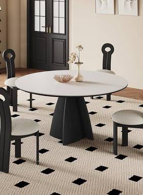 法式实木餐桌户意家用黑色形小型饭桌式现代简约圆復HNW古岩板圆