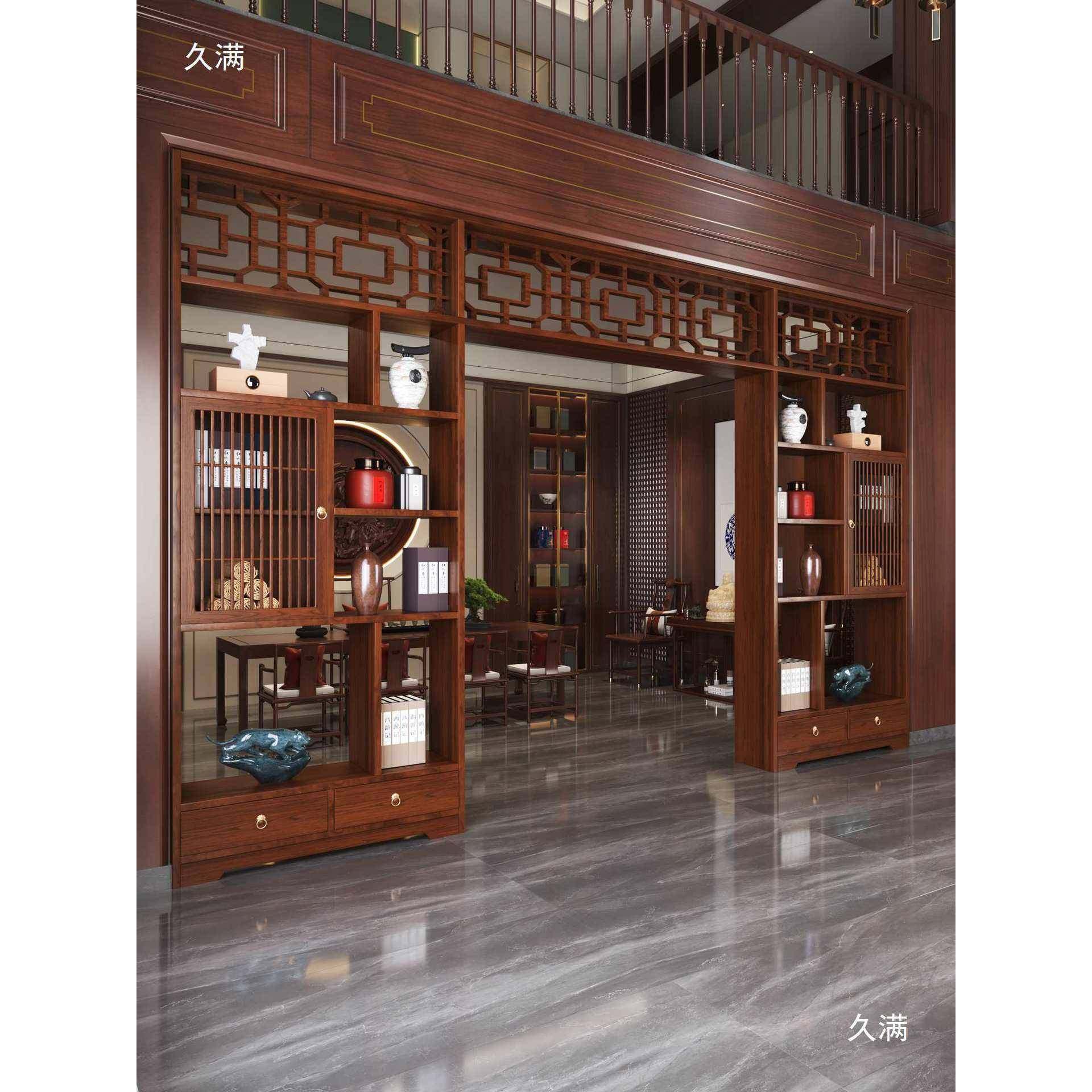 新中式实古木屏风屏风月洞门隔断客户厅家用玄关入博架柜门厅餐厅