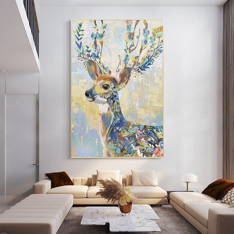 美油式WVQ轻肌理画动走物鹿装饰奢画纯手绘一路高升画玄关廊客厅