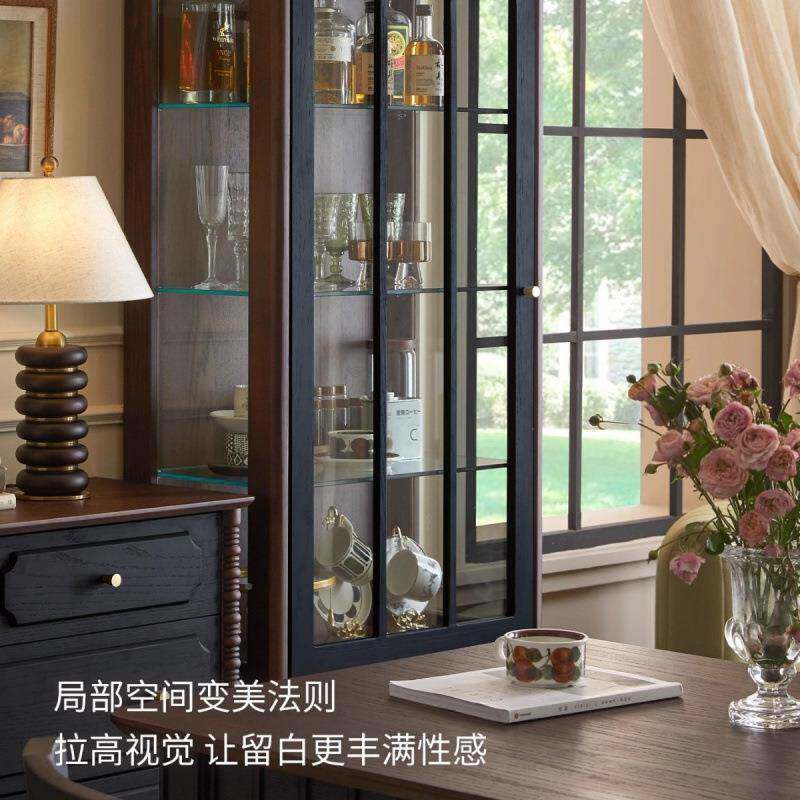 法式实木边柜柜家用玻无品牌/古璃电视门旁边展示柜客厅复储物酒