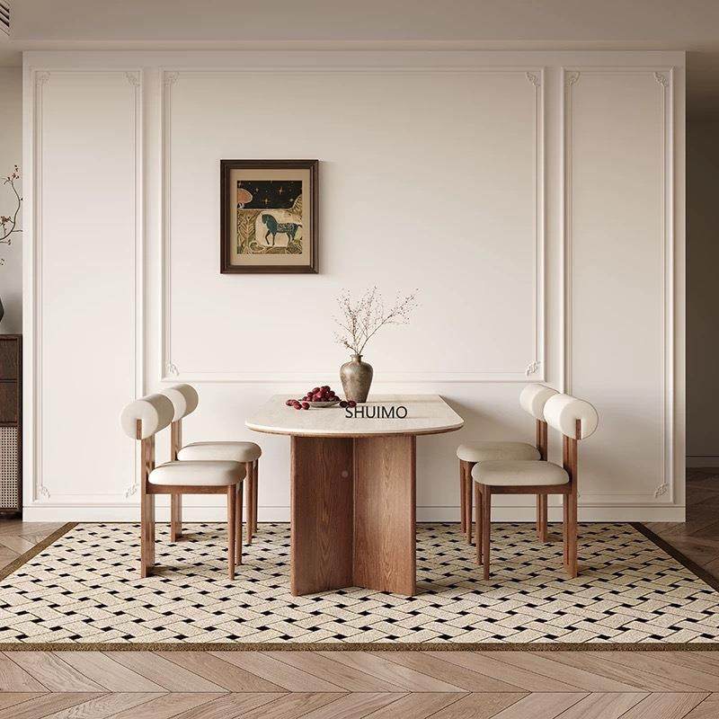 德丰岩板洞石法式餐型桌家用小户轻奶油半8778圆利长方形餐桌奢子