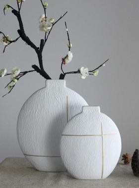 创白色扁陶瓷花器平插花摆件现代新式ENG中家居桌面餐桌花瓶工艺