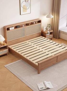 复古风婚床藤编白蜡简木纹实木床.m54080双人床储物床18.5m卧室1