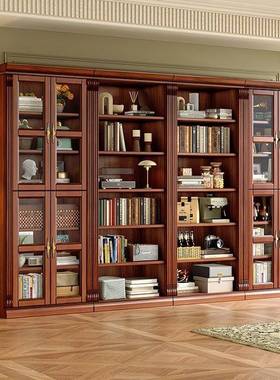 美式书复古实木书柜房组合书桃心木玻璃门花一架体抽屉储940802物
