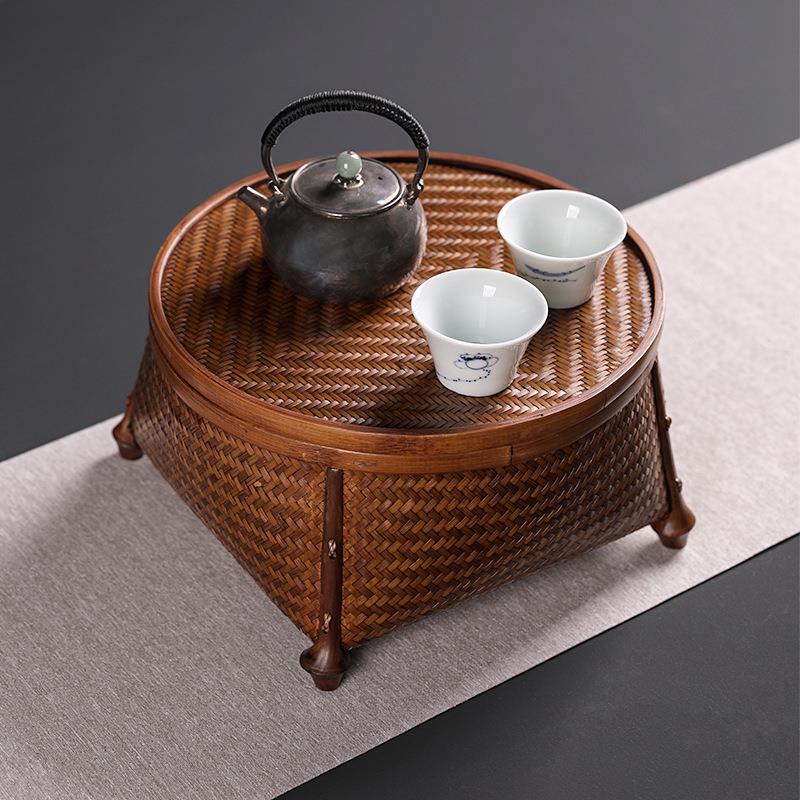 编茶具收纳盒秋绪寒山茶盘日式托盘存茶盖盒复古带储竹物篮竹一件