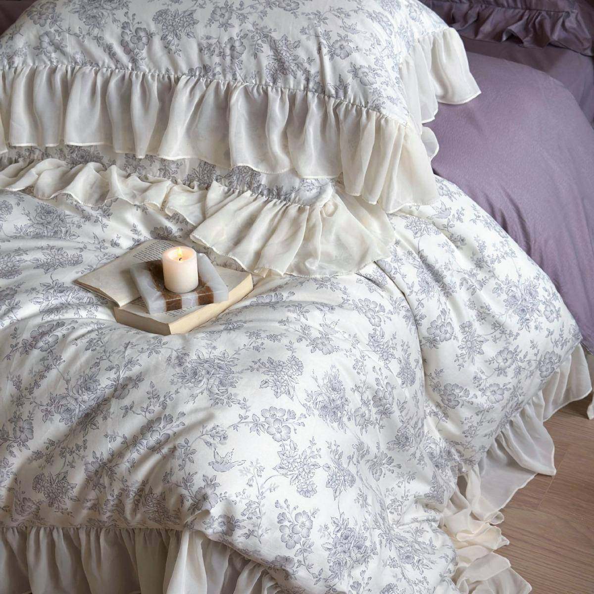 法式温YB柔复古印品花生家用双人女卧室纯棉被套亲肤床用四上件套