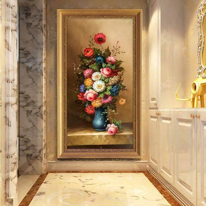 简约欧古花典式花卉油画C251开富贵玄关走廊过道版有框装饰挂画竖