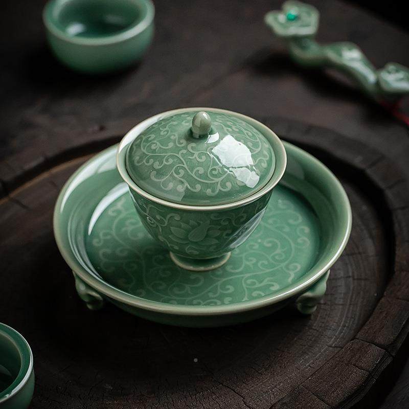 青瓷壶承缠枝莲盖瓷碗茶文人室陶缠瓷泡茶器枝莲DQA3足青盖碗