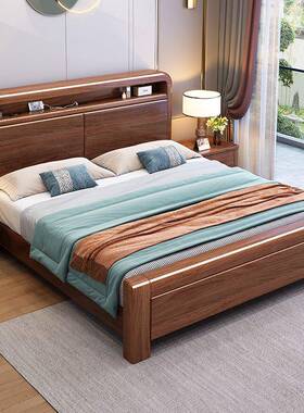 双新式进口主金丝檀木全实木床1.8米1.5米可OFX充电储物卧人大中