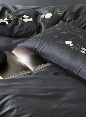 轻0奢中国风竹语丨熊猫刺绣100全棉0T长绒棉S提花四件套四2020060