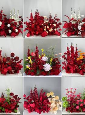 婚庆式红色花婚排XEV地排花t台路引花礼现布置中假花背景仿真场花