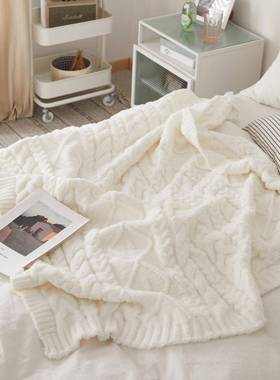 瑞MXC针景纺织厂配家白色菱格麻花半边绒线毯软装搭沙发织毯晚樱