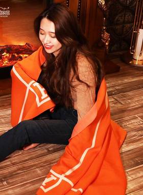 B76美式奢H字母橙色经羊典毛轻混纺针6织样板F76J6758床尾装饰搭