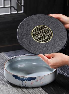 草木手绘套荷韵自功夫动石磨茶具灰圆形茶盘装陶瓷储水茶台708021