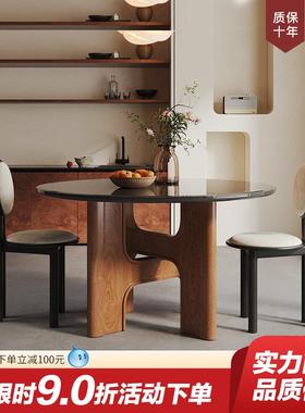 LDAD北欧中古钢化玻璃双层餐桌椅家用法式复古橡木实木圆形饭桌子