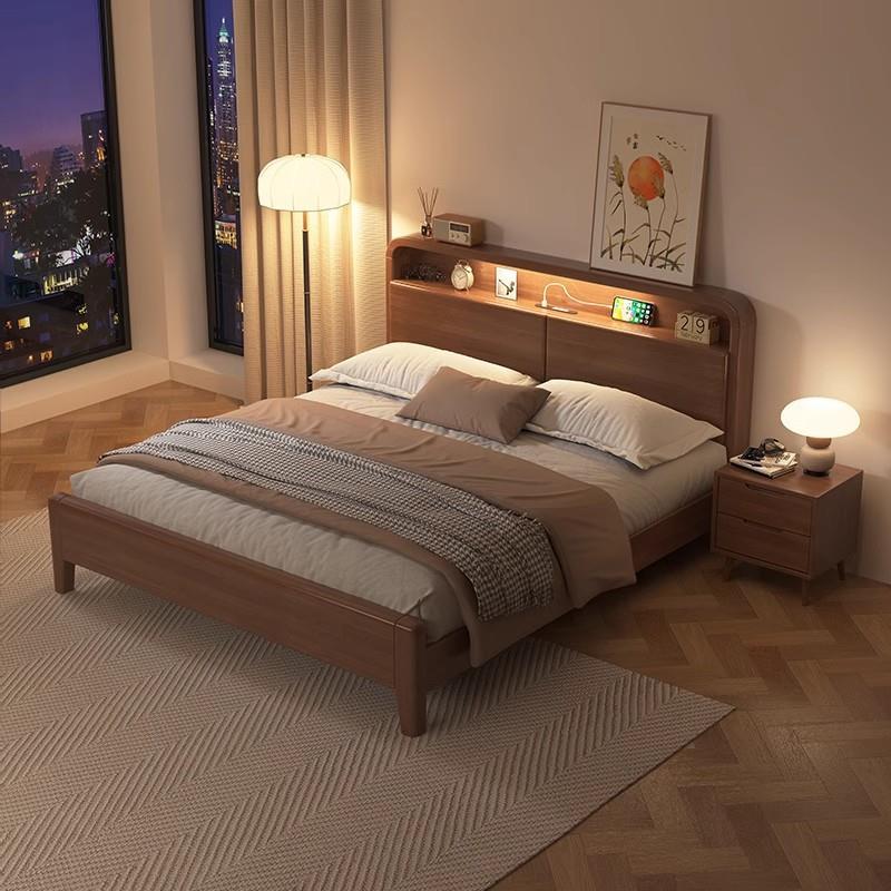 北欧实木床现代简约主卧室1.8米1.5m双人床高箱储物床胡桃色原木