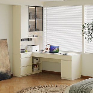 定制橡木书桌书柜一体靠墙转角书架学习电脑桌儿童写字桌实木玻璃