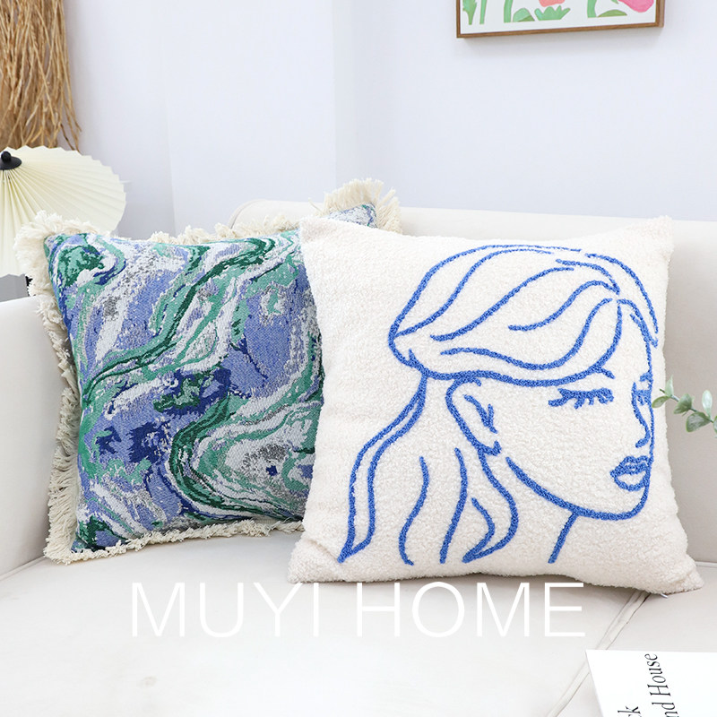 艺术蓝流苏抱枕套民宿样板间靠垫套客厅沙发床上靠枕飘窗腰靠腰枕