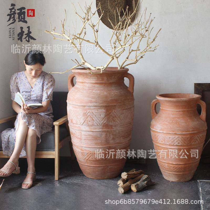 做旧景观花盆陶罐特大号园林装饰罐手工陶落地红陶仿古红陶超大款