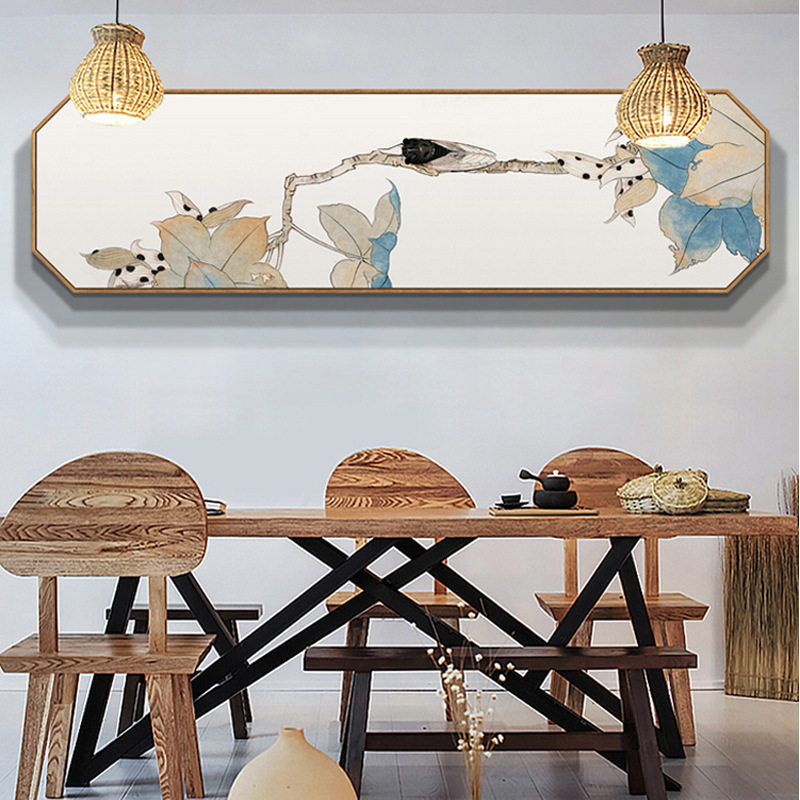 客厅新中式卧室装饰画酒店床头墙画横幅创意八边形餐厅茶室壁画