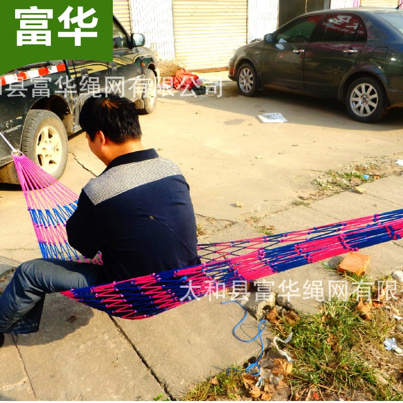 厂家户外野营尼龙彩绳网兜吊床军绿色不锈钢环网吊床绳