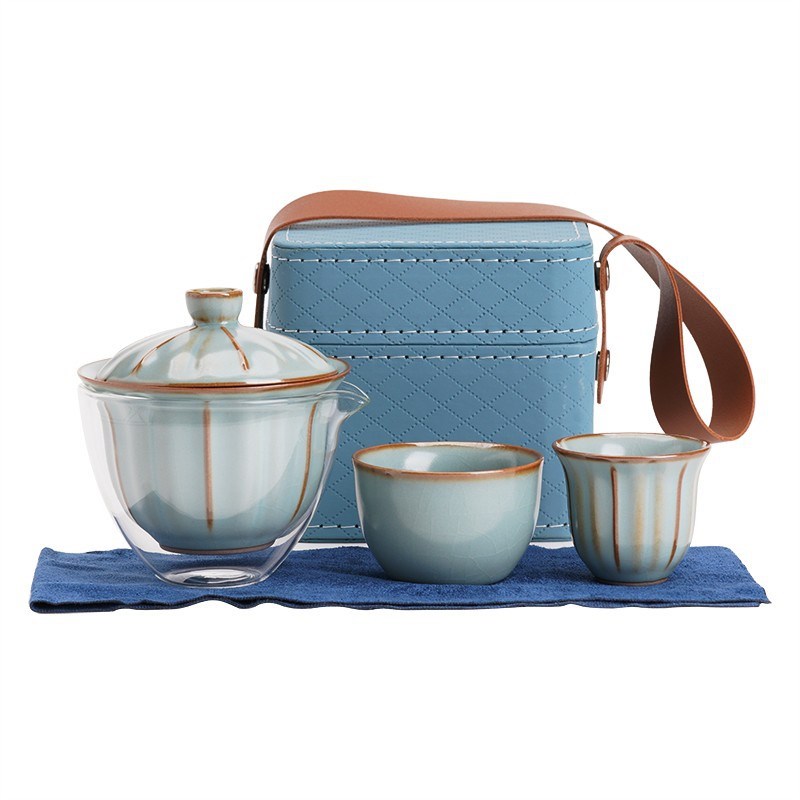 旅行茶具套装户外露营便携茶具汝窑快客杯一壶二杯收纳包商务礼品