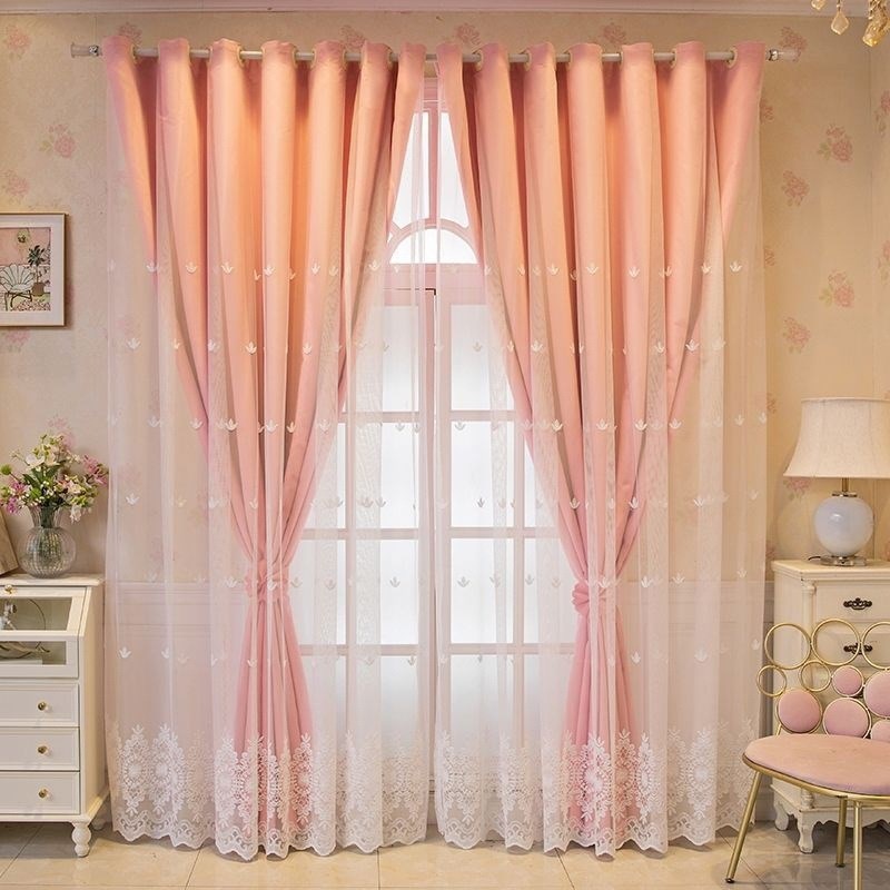 窗帘遮光布纱一体双层飘窗客厅卧室纯色田园简约现代绣花纱帘透气