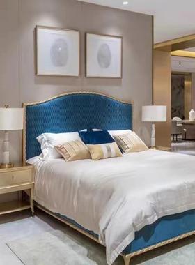 美式轻奢14923实木布人艺床户蓝色雕花简香槟金卧室双床约小型公