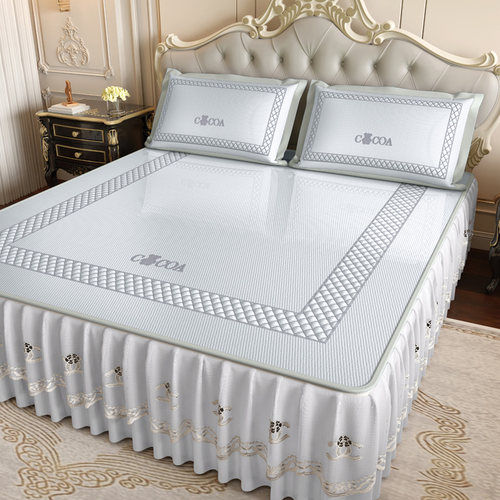 高档冰豆豆凉席床裙款可拆卸藤席冰丝席三件套夏季空调软席子2024