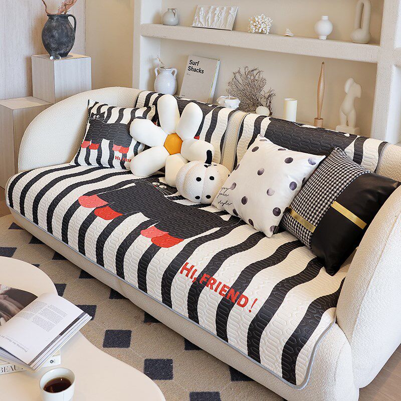 黑白艺术条纹沙发垫夏季乳胶冰丝防滑坐垫几何设计高端沙发巾套罩