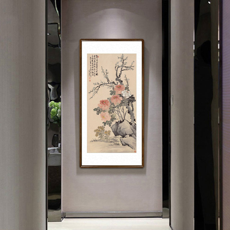 国画水墨画中式客厅装饰画玄关走廊楼道竖版挂画陈半丁牡丹梅花图