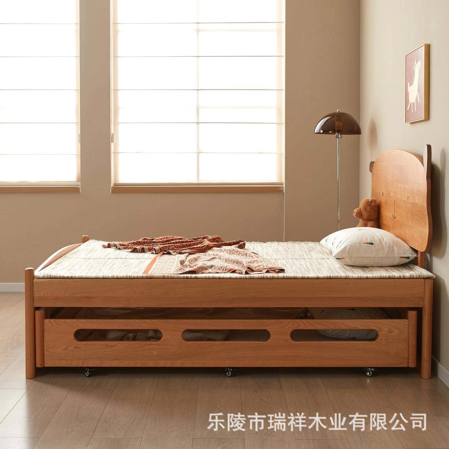 北橡木美原木儿童简床RZW卡通约推拉多拖床樱桃木实木功能双层子