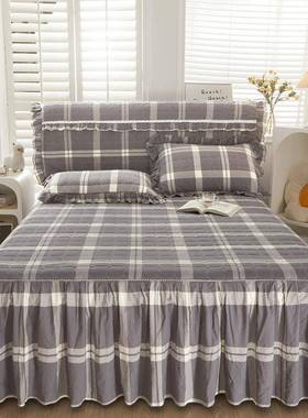 2F新F77J7HJS全棉水棉格子夹棉床裙单件纯棉加床厚罩套款带洗裙边