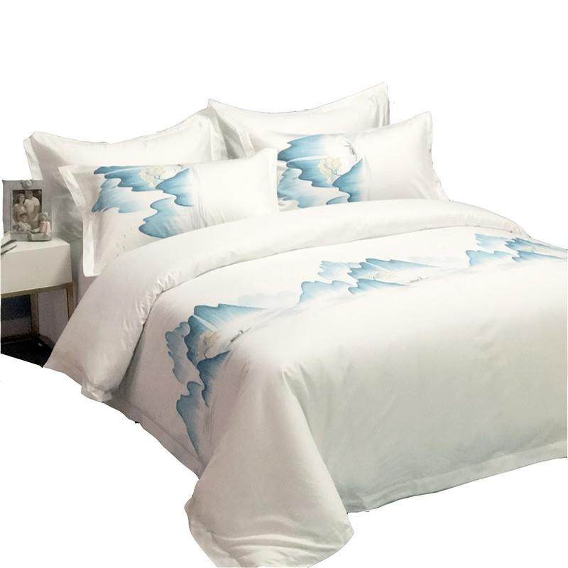 新款酒四件套民宿床上用品纯棉式贡SBQ缎印床单宾店馆花风景印花