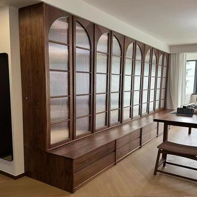 中古风XMC5225北美厅黑胡木满桃墙柜客全实木书架储物书柜带卡座